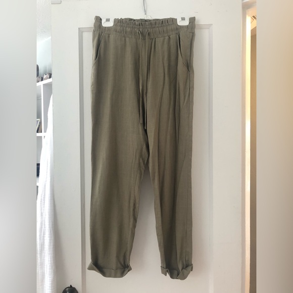 Lush Pants - Linen blend olive drawstring pants